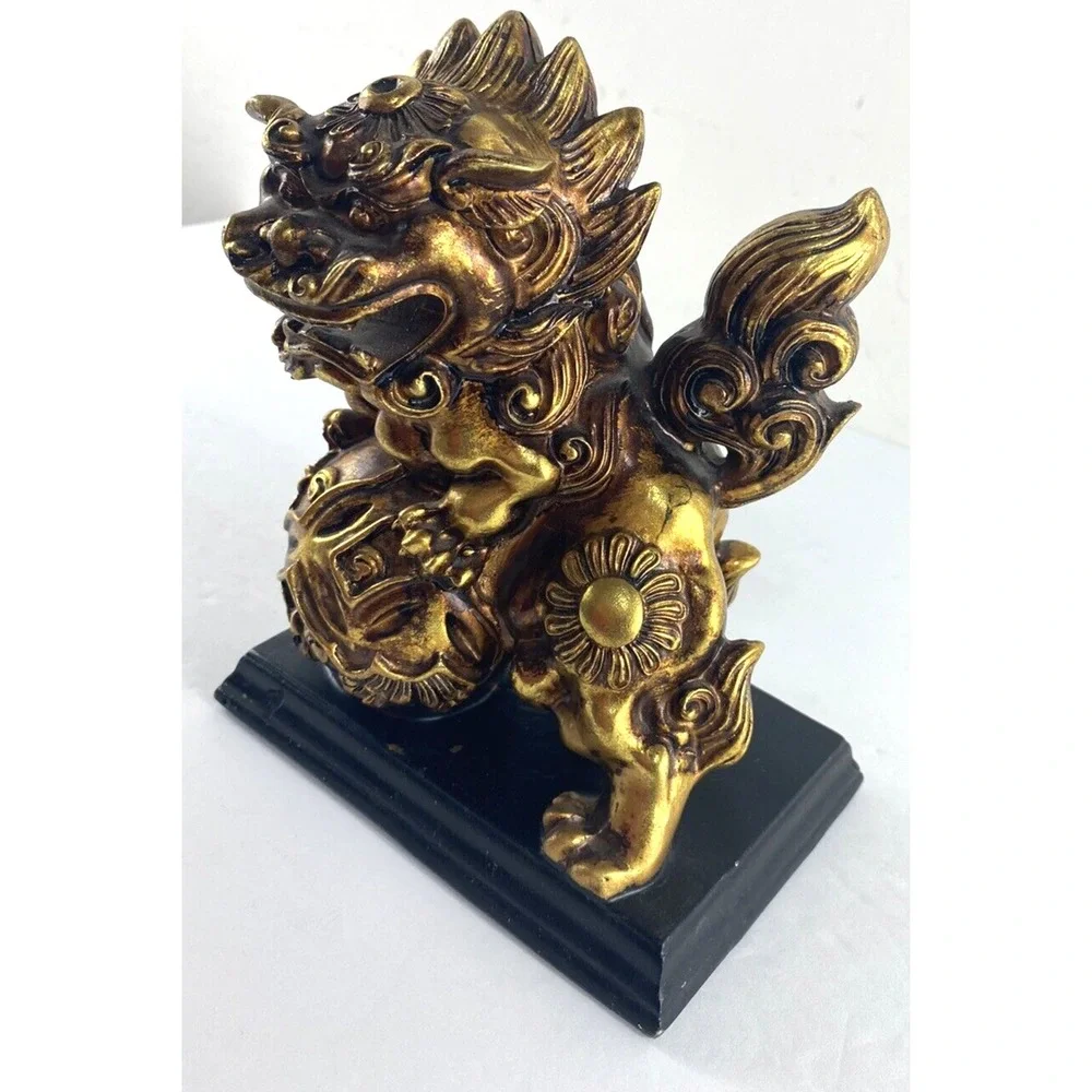 Vtg Foo Dog Gold Color Resin Figurine Dragon Asian Protection Art 7.5